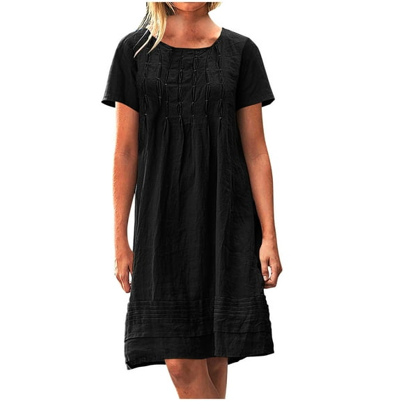 Ecqkame Women's Cotton Linen Dress Casual Plus Size Loose Midi Dress Crew Neck Short Sleeve Dress with Pockets Black XL