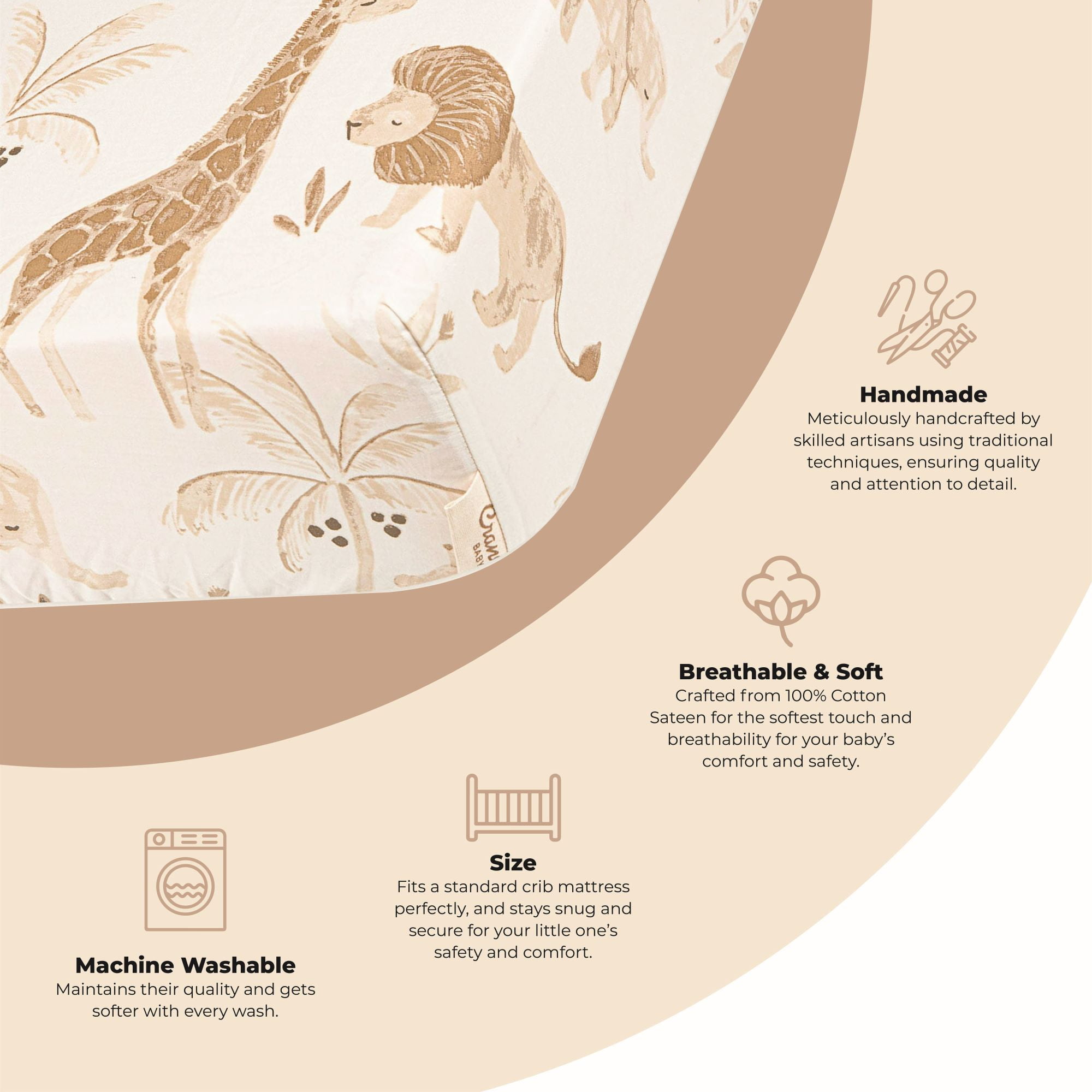 Crane Baby Kendi Fitted Crib/Toddler Bed Sheets, Safari Animal Nursery, Cotton Crib Sheets