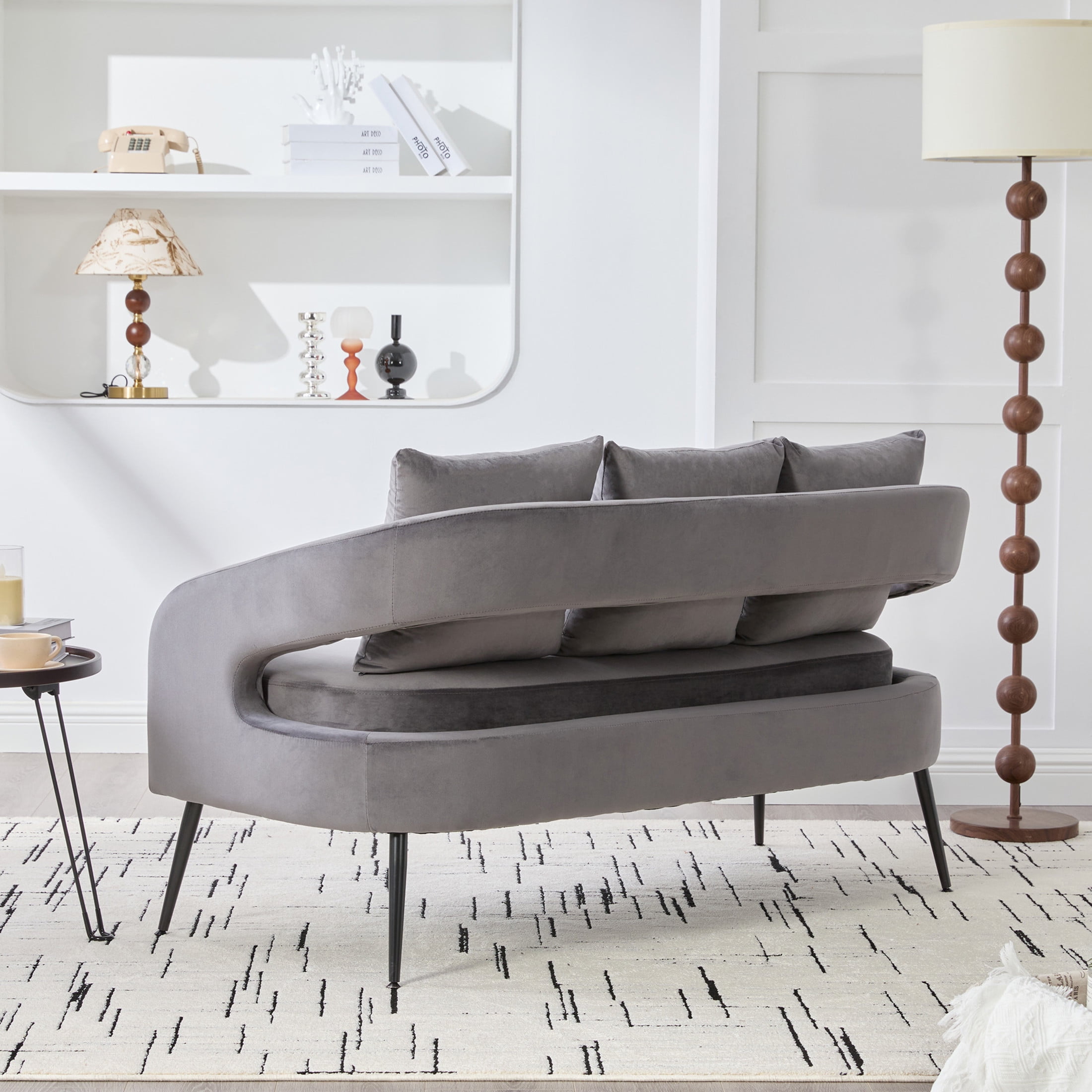 Noble House Norford 53.7" Velvet Open-Back Loveseat Settee, 2-Seater Small Sofa with Pillows and Metal Legs, Charcoal