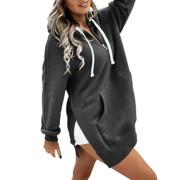 Holzkary Women Oversized Hoodie Dress Pullover Winter Kangaroo Pocket Split Hem Sweatshirt Fall Tops Casual Loungewear Solid Warm Zipper Sweatshirt Pullover Long Sleeve Pocket Sweatshirt Tops Grey Xl