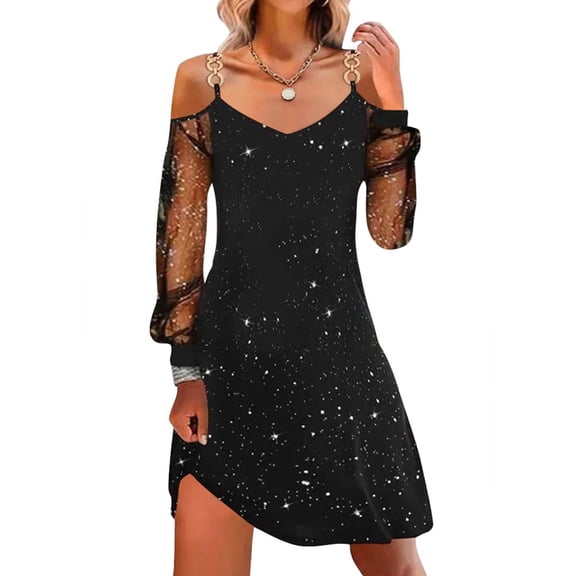 JIAYUE Women's Dress V-Neck Above Knee Elegant Casual Long Sleeve With Sheer Mesh For Daily Wear Stylish Female Dresses
