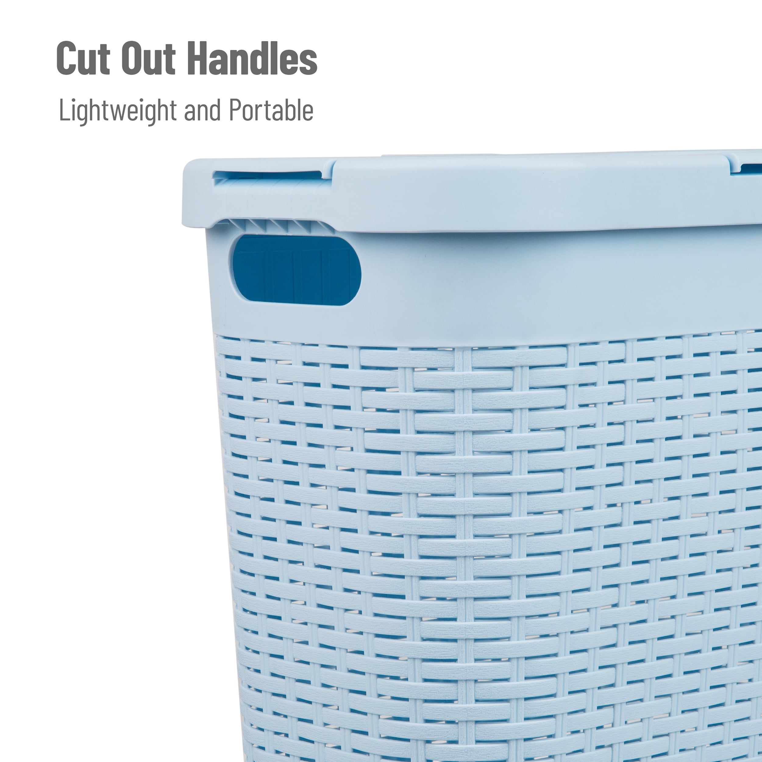 Mind Reader 40L Slim Laundry Hamper, Clothes Basket, Lid, Wicker Design, Plastic, Baby Blue