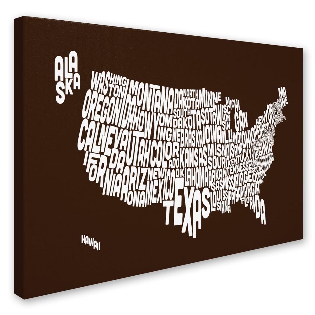 Trademark Art 'CHOCOLATE-USA States Text Map' Canvas Art by Michael Tompsett