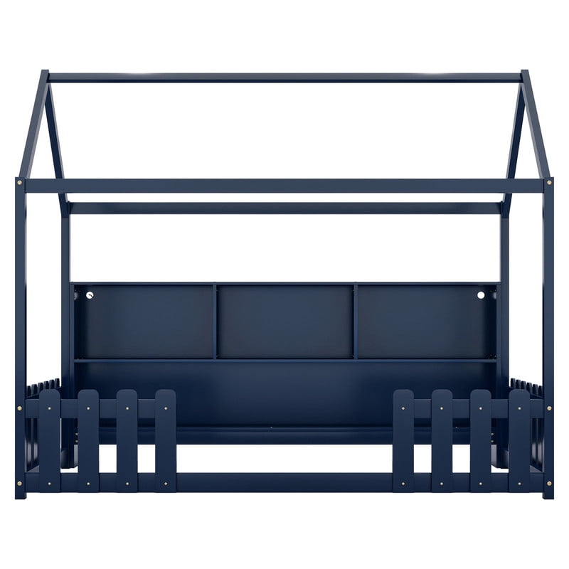 Mirightone Twin Size House Bed frame, Twin Floor Bed with High Rails & Storage Shelves, Montessori Bed with LED Light, Solid Wood House Floor Bed (Blue)