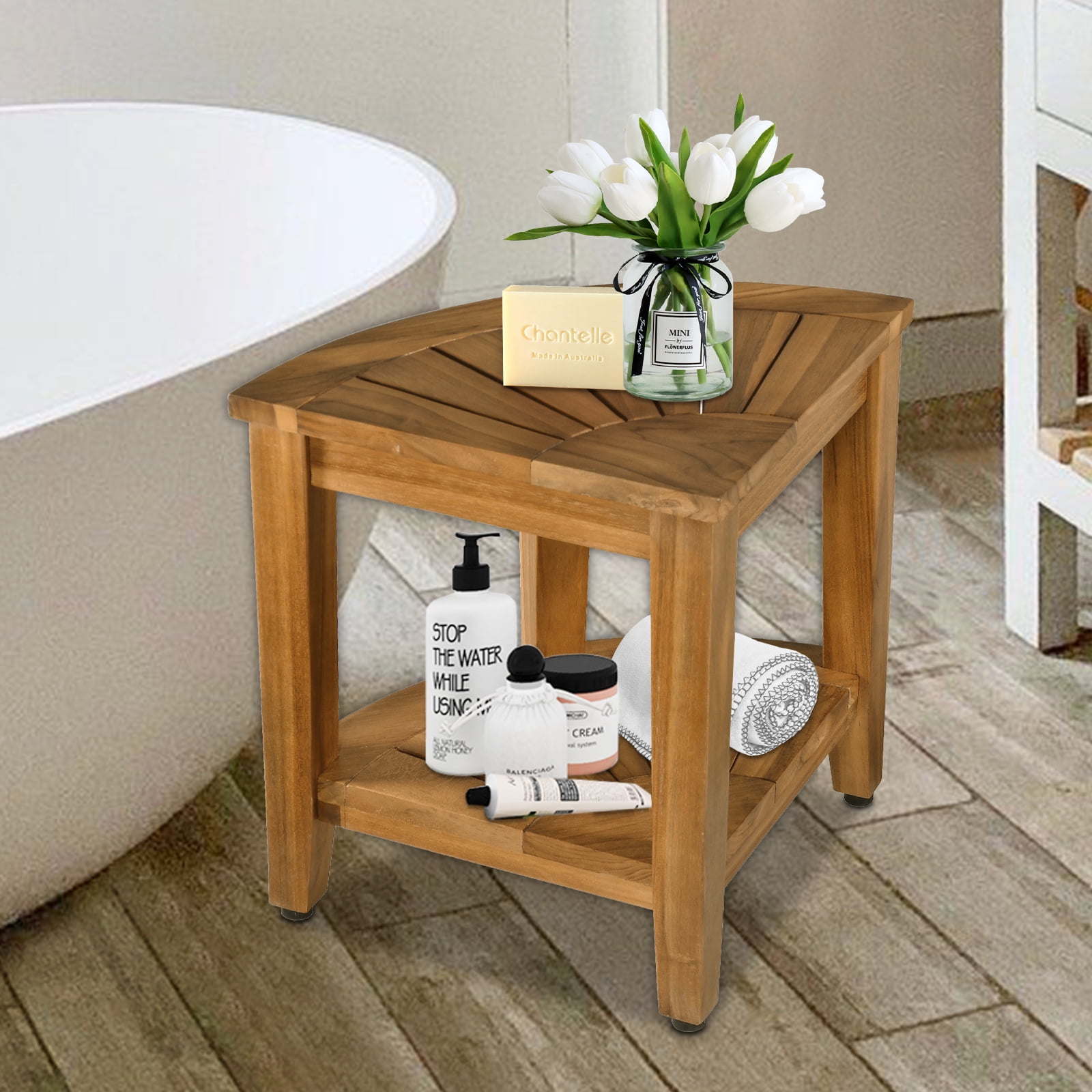 Jolicasa Teak Shower Bench with Shelf, Waterproof Teak Wood Shower