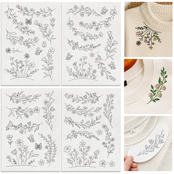 1 Set 4 Sheets 11.6x8.2 Inch Stick and Stitch Non-woven Fabrics Water Soluble Embroidery Stabilizers Flower 297x210mmm