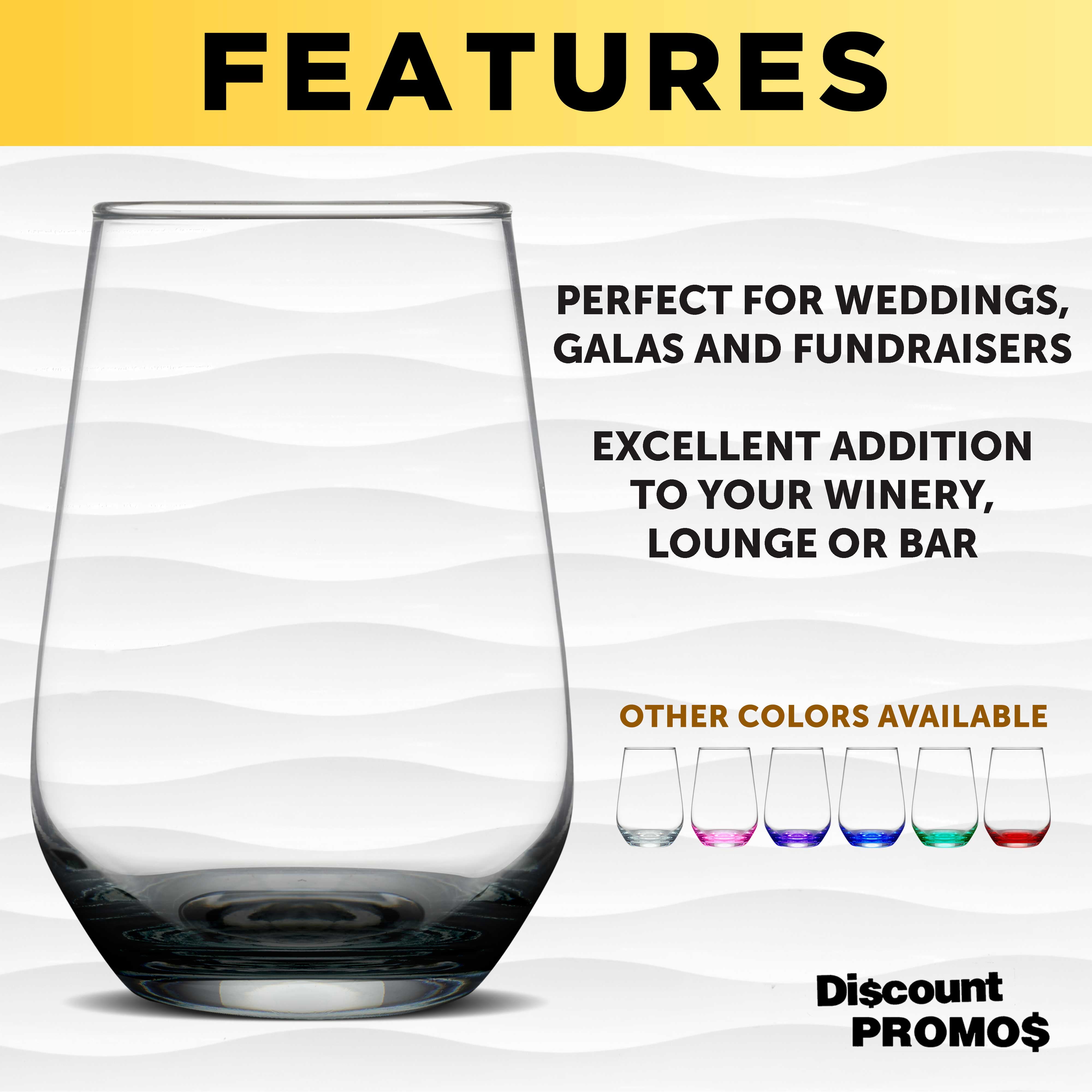 10 Vaso Silicia Stemless Wine Glasses Set, 16 oz. - Clear, Orb-Like, Thick base - Black
