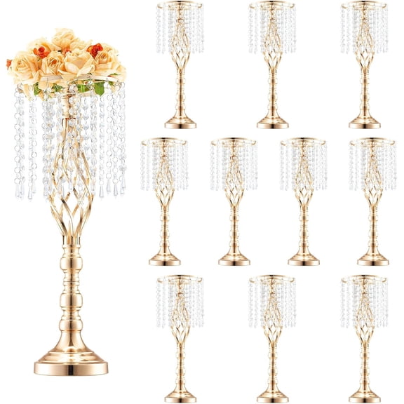 10 PCS 55cm/21.65” Tall Crystal Wedding Flower Stand, Metal Wedding Centerpiece Vase, Gold Flower Holders Floral Display Rack for Tables Wedding Dinner Party, Ceremony Birthday Event Decor