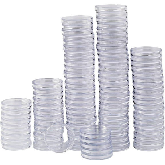 100Pcs Clear Round Plastic Coin Holder/Container Case - Capsules, Storage Boxes & Protectors Covers for Dollar Collection, Silver Quarter Collectors, Token Board Game Collecting Supplies
