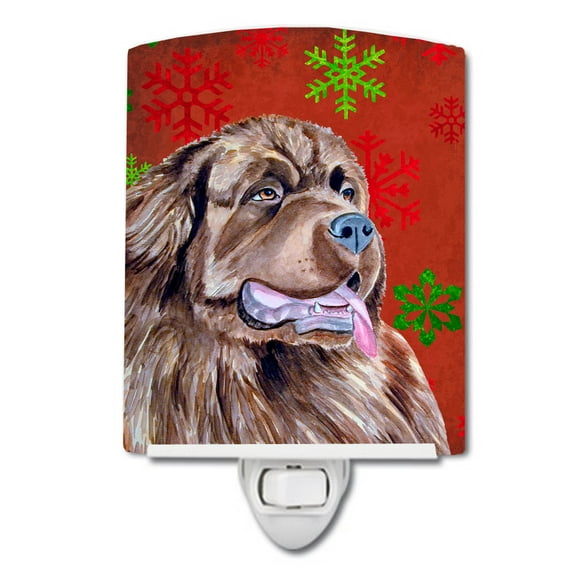 Caroline's Treasures LH9309CNL Newfoundland Red and Green Snowflakes Holiday Christmas Ceramic Night Light, 6x4x3",