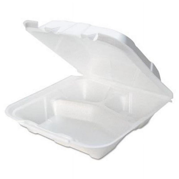PCT 3-Compartment Foam Hinged Lid Containers, White - 150 Per Carton