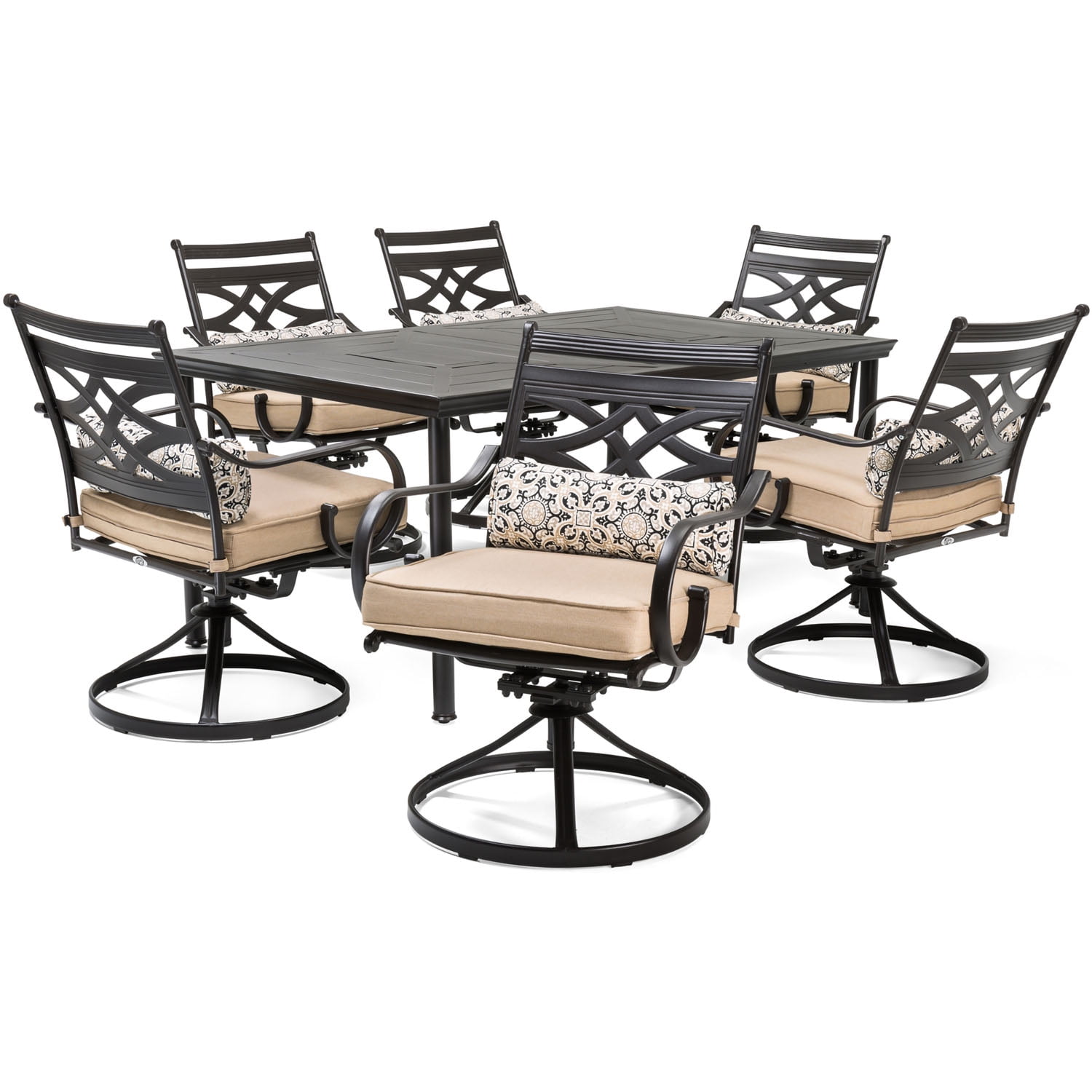 Hanover Montclair 7-Piece Steel Dining Set with 6 Swivel Rockers and Dining Table, Seats 6