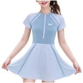 thumbnail image 2 of LEKWK Girls One Piece Swimsuits Skirted Color Block Quick Dry Cute Swim Dress Short Sleeve Zipper Rash Guard Bathing Suit Summer Beachwearr for 7-14 Years, 2 of 7