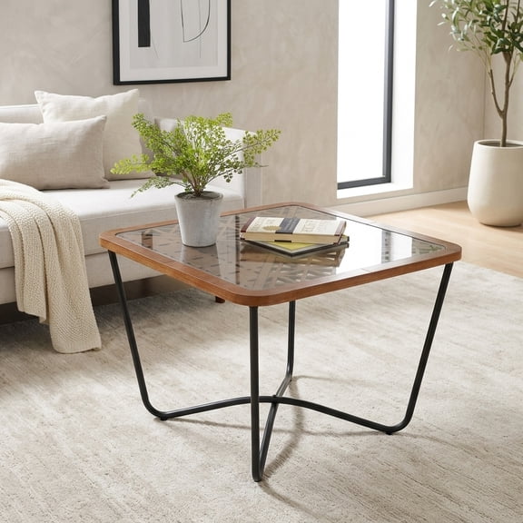 Modern Square Coffee Table with Tempered Glass Top and Geometric Pattern