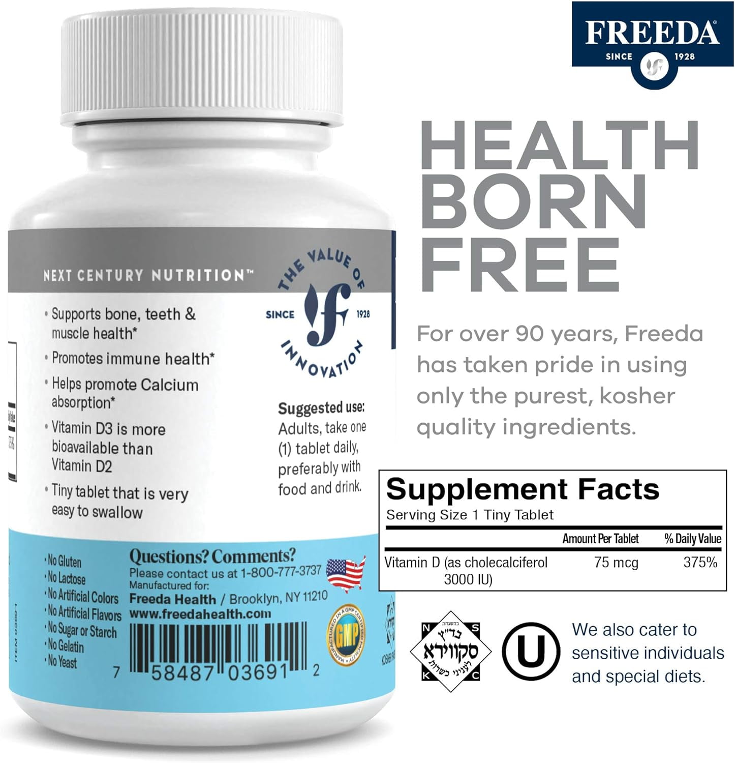 Freeda Vitamin D3-3000 IU Pure High Potency Kosher Supplement Tablets for Bone and Joint Health, 250 Count