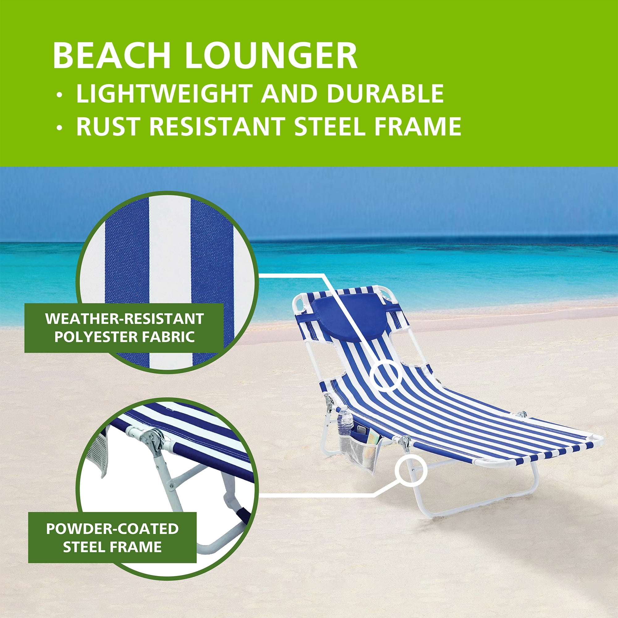 Mainstays Folding Backpack Face-Down Beach Fabric Lounger, Blue & White Stripe