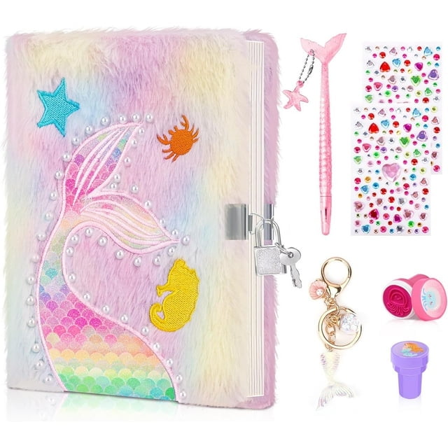 Mermaid Diary With Lock For Girls - Plush Secret Journal Kit With Pen & Keys