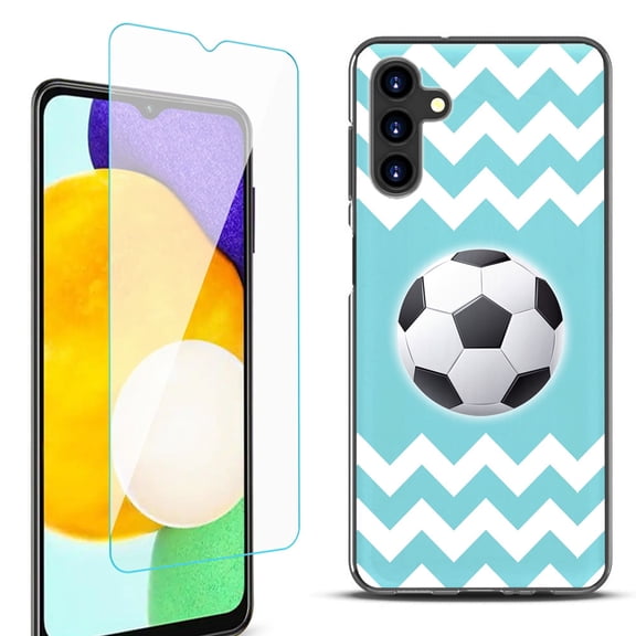 Slim-Fit Protective Fashion Phone Case (Black) for Samsung Galaxy A13 5G, with Tempered Glass Screen Protector, by OneToughShield ® - Chevron/Soccer