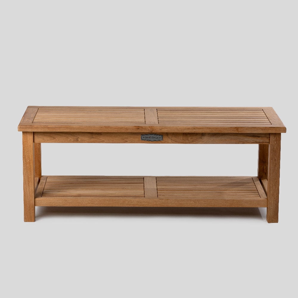 Ash & Ember Sierra Grade A Teak 47" Coffee Table with Shelf, Weather Resistant Tea Table for Deck, Porch, or Backyard Use, Slatted Indoor Outdoor Patio Lounge Furniture