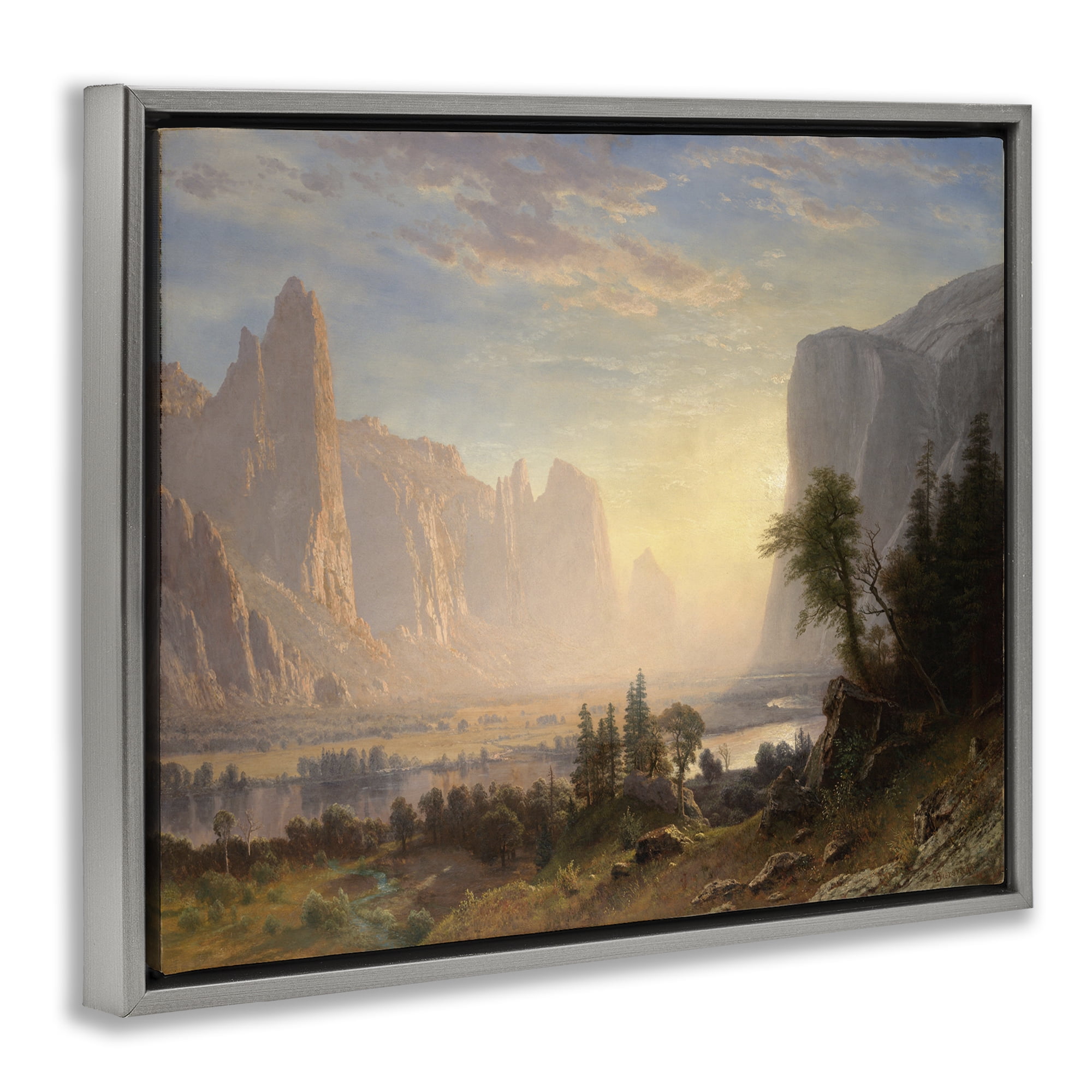Stupell Industries Classic Bierstadt Valley of Yosemite Landscape & Nature Painting Gray Floater Framed Canvas Art Print Wall Art, 21 x 17