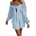 thumbnail image 3 of Seyurigaoka 2 Piece Summer Outfits for Women Sexy Tie Front Puff Sleeve Crop Top and Shorts Set Beach Outfit Separates, 3 of 8