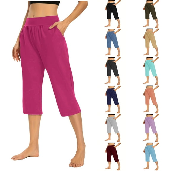 sovlvnd Discount 2024 Solid Elastic Over Size Waist Pocket Cropped Pants Casual Stretchy Stylish Pants For Spring Summer Women's Clothing