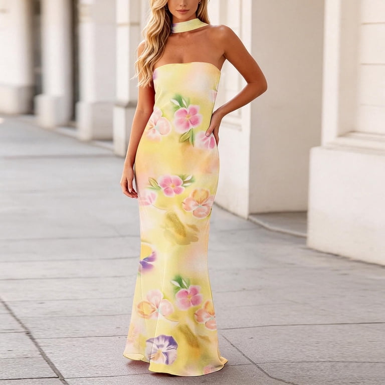 QIGUANDZ Bohemian Strapless Mermaid Maxi Dress for Women Summer Stretch ElegantBodycon Wedding Guest Vacation Dresses, Women's, Size: Small