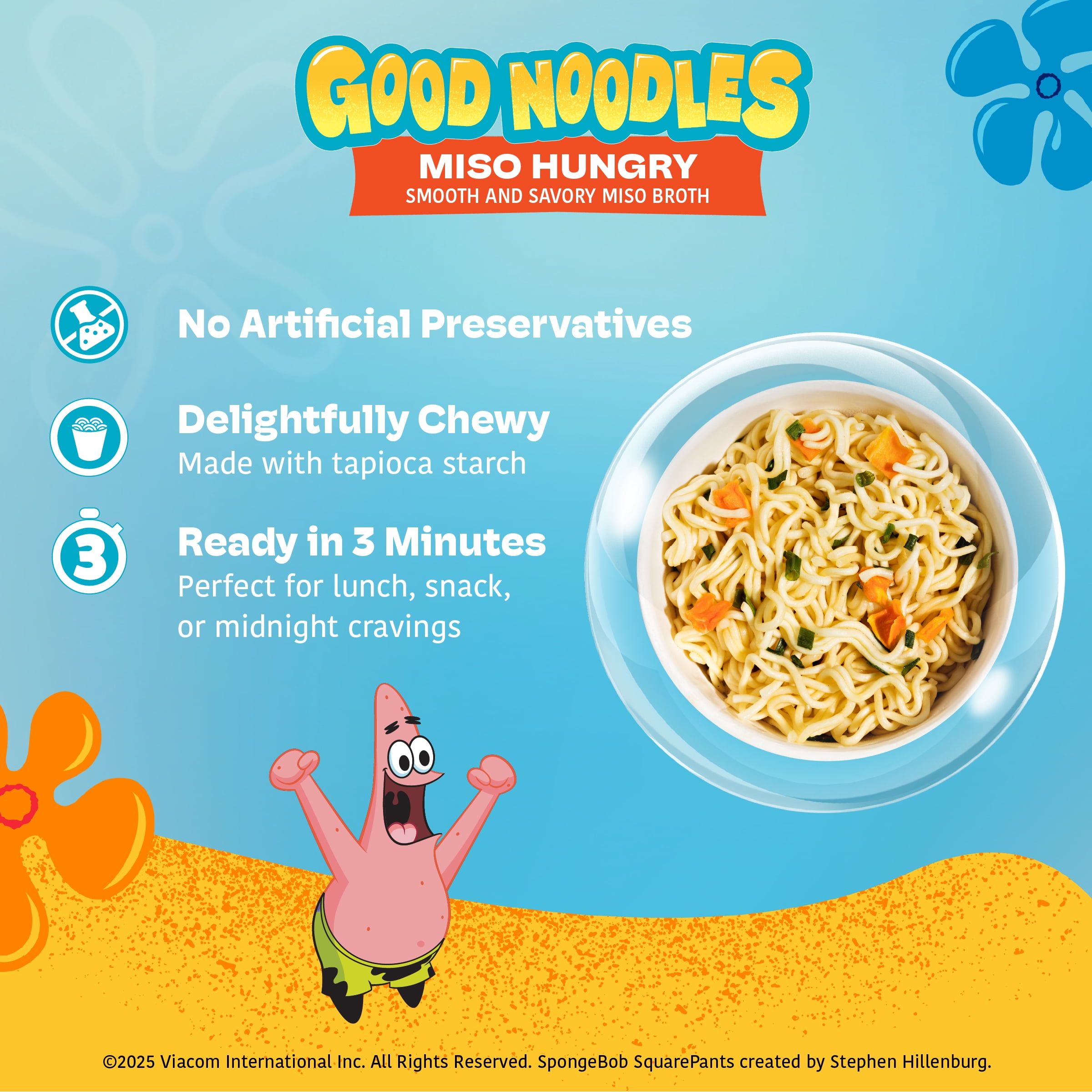 A-Sha & SpongeBob Squarepants Good Noodles (6 Pack) | Patrick Star Miso Hungry Flavor | Better For You Microwaveable Ramen Soup Mix