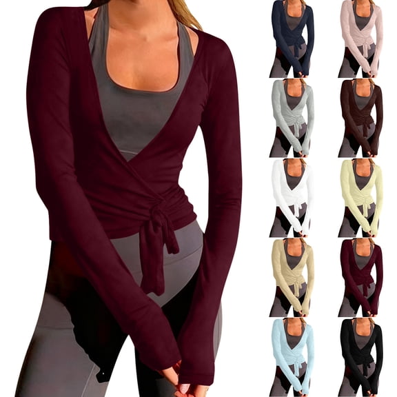 FNFYFH Women Wrap Tie Top Long SLeeve Ballet Workout Yoga Shirt Cross Tie Pilates Dance Shirts Blouses