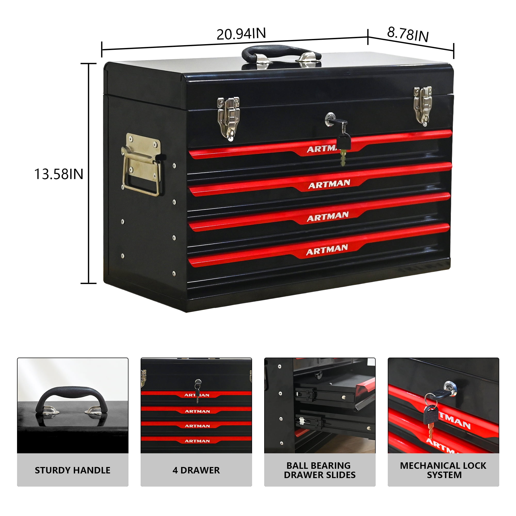 20" Steel Tool Box with Drawers, Lockable Powder-coated Storage
