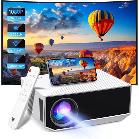 Mini Projector Native 1080P Full HD with WiFi Bluetooth, 16000 Lumens, Compatible with Android/iOS/HDMI/USB