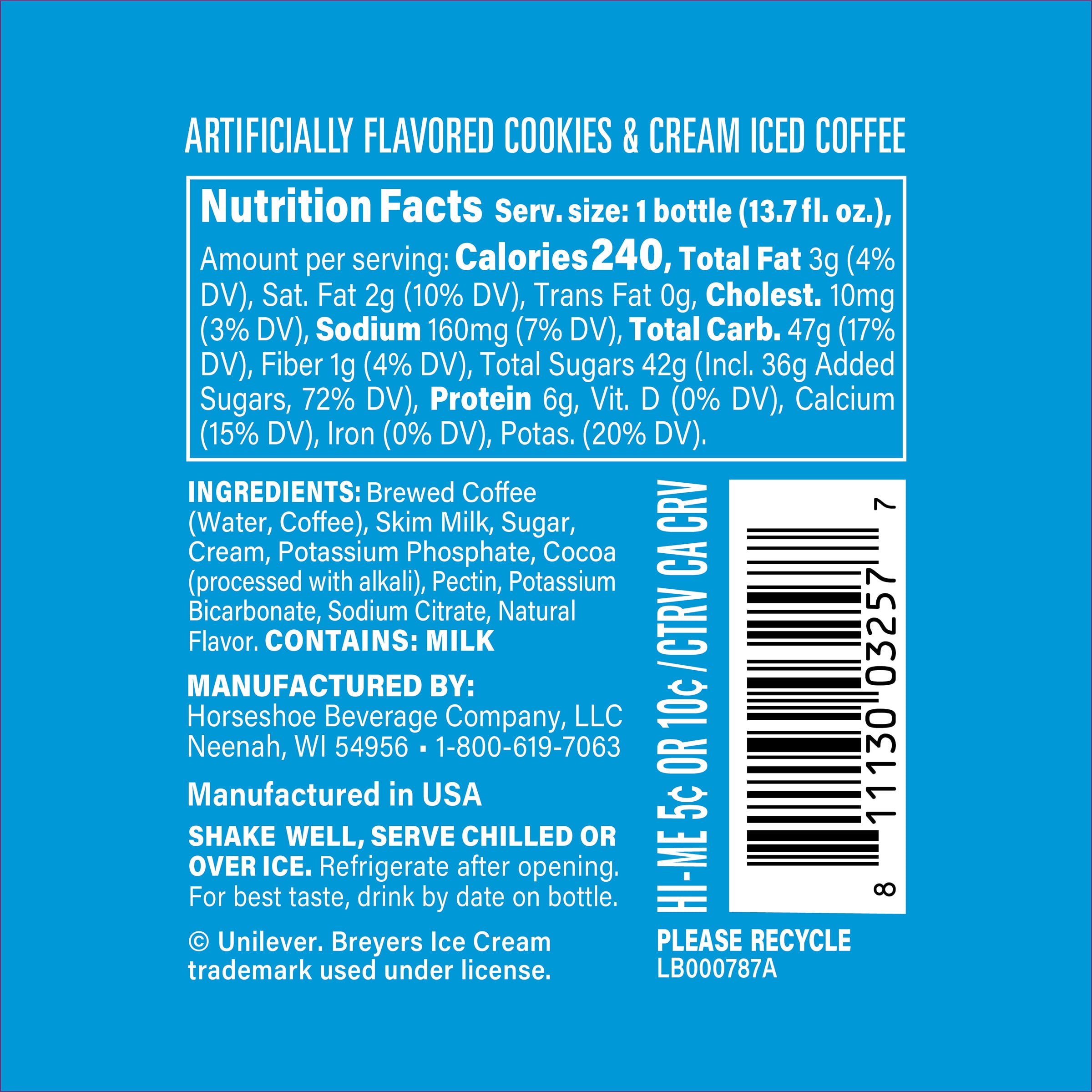 Iced Latte, Breyer's Cookies & Cream Flavored, Ready to Drink, 12 Pack - 8oz Cans