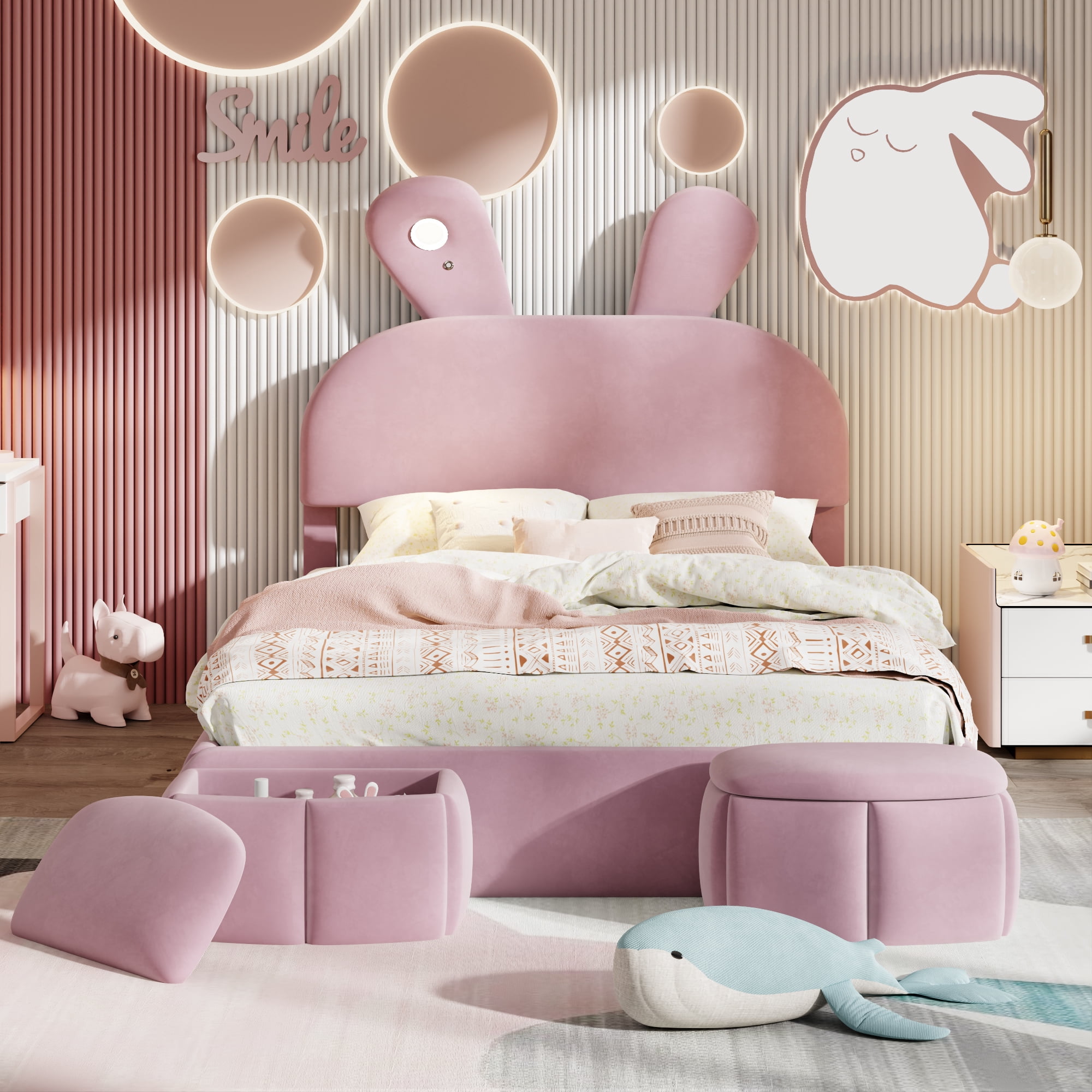 Mintazer Full Size Upholstered Bed with Bunny Ears Shaped Headboard, Platform Bed with LED Light & Storage Stools for Kids Adult Girl Bedroom Apartment, Pink