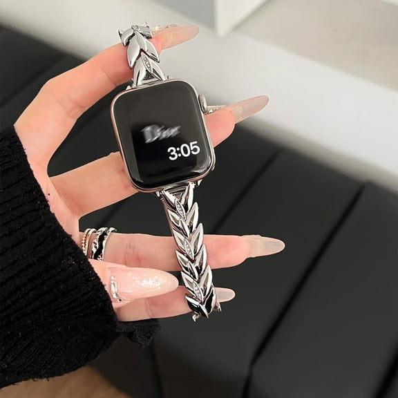 Diamond Design Compatible with Apple Watch Band 42/44/45/49mm Metal Fashion Women Replacement Strap Wheat Pattern Bracelet for iWatch Series 9/8/7/6/5/4/3/2/1 Champagne,Silver