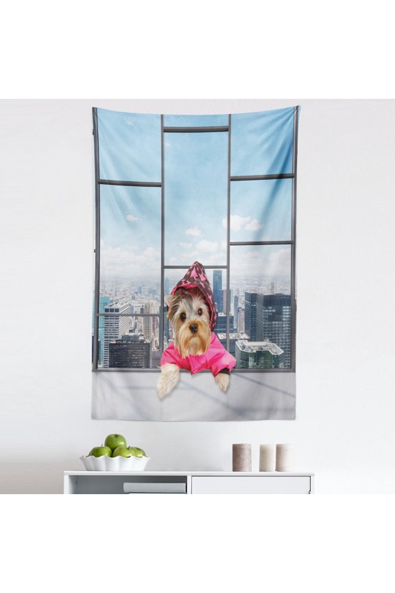 Funny Tapestry, Whimsical Little Dog in a Starry Raincoat on Window Big City Panorama Scene, Fabric Wall Hanging Decor for Bedroom Living Room Dorm, 5 Sizes, Pink Grey Sky Blue, by Ambesonne