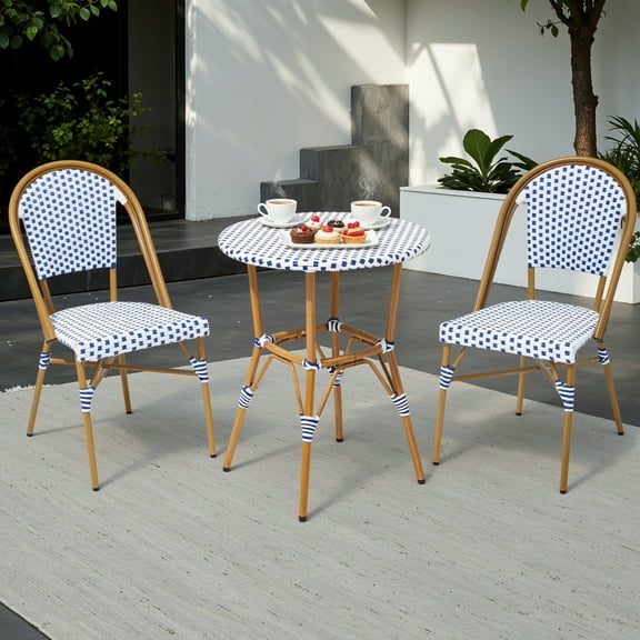 Dovov Outdoor Aluminum French Bistro Set, 3 Piece French Bistro Table Chair Set, Outdoor Wicker Round Table & 2 Dining Chairs, Bamboo Finish