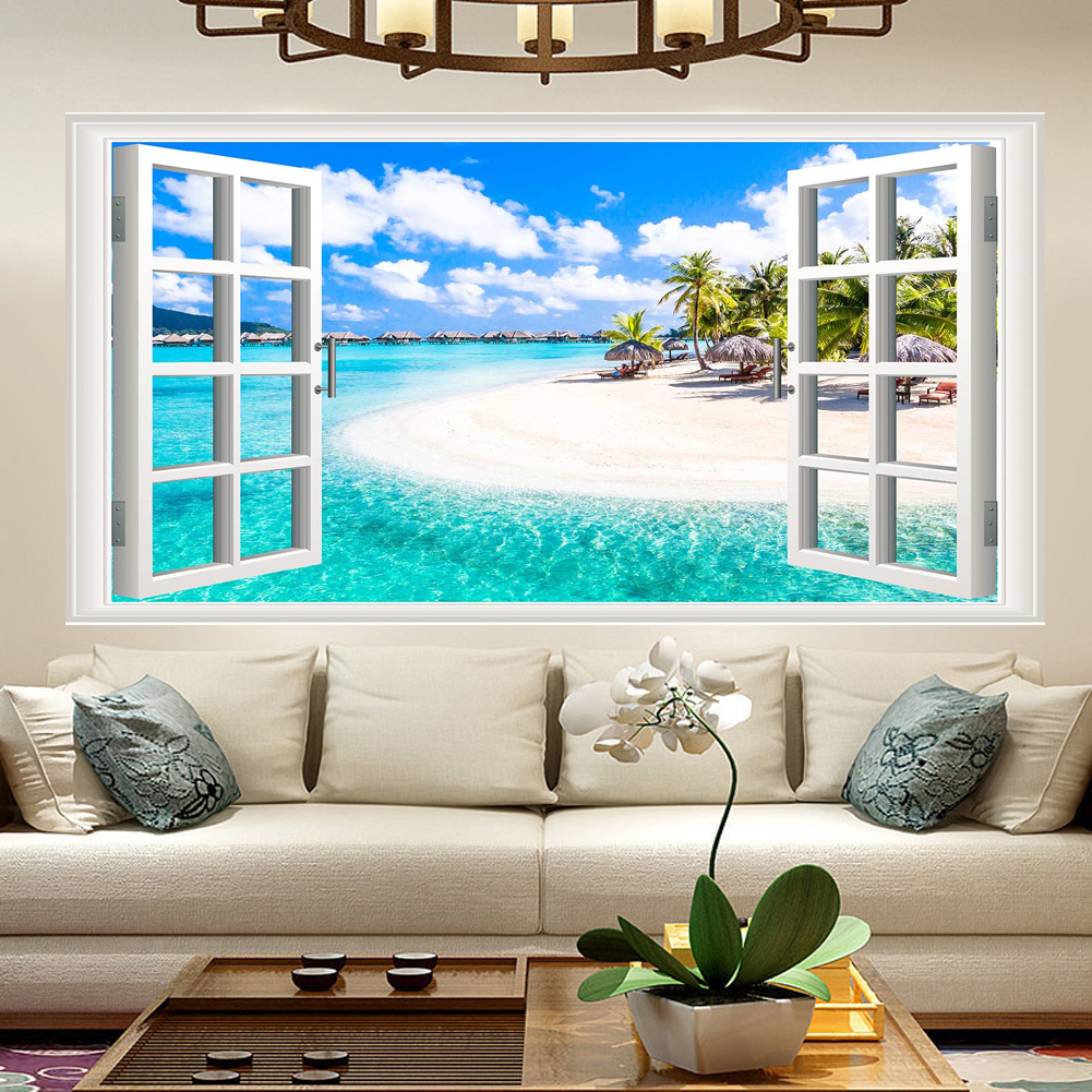 Beach Wall Art 3D Blue Sea Painting Window To the Sea Canvas Art for Wall  Decor Print Painting for Living Room Decoration Framed and Ready to Hang 