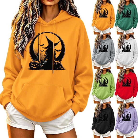 DIOAZUD Women's Halloween Sweatshirts Plus Size Witch Print Pullover Hoodies Soft Classic Long Sleeve Shirt Tops Halloween Costumes