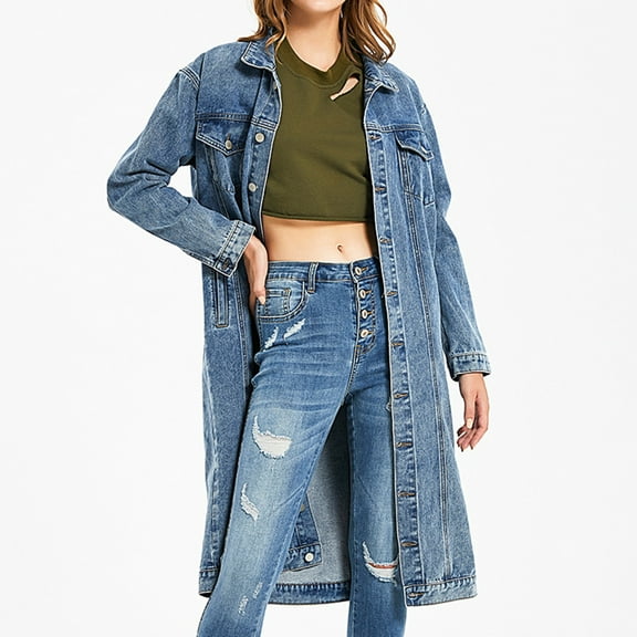 Brilliant Plus Size Clearance Long Denim Jackets for Women Denim Jackets Women's Mid Length Casual Handsome Distressed Long Trench Coat Blue S