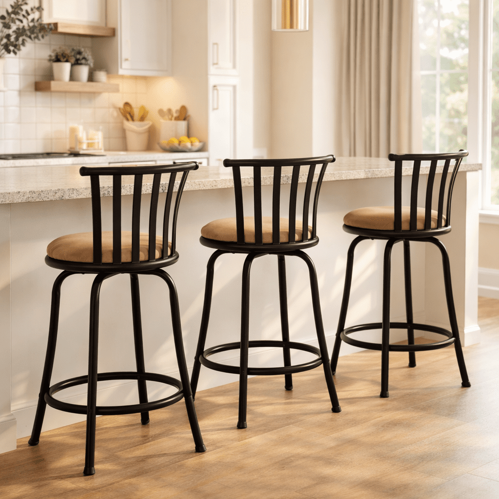 FurnitureR Modern Swivel Bar Stools Set of 3, 24" - 29" Adjustable Counter Height Chairs with Low Back and Sturdy Metal Frame, Brown Suede Seat for Kitchen Island, Dining Room and Home Bar