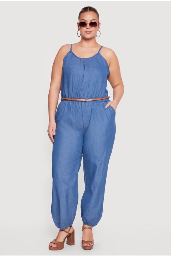Women's Plus Size Chambray Sleeveless Jumpsuit with Cinched Waist and Pockets