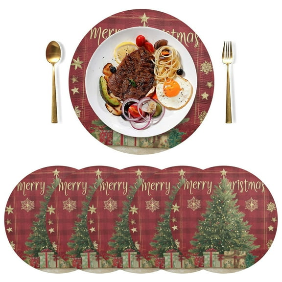 Qxltty 15inch Round Placemats Set of 6 Polyester Fabric Heat Resistant Washable Table Mat for Kitchen Party Decor Christmas Tree