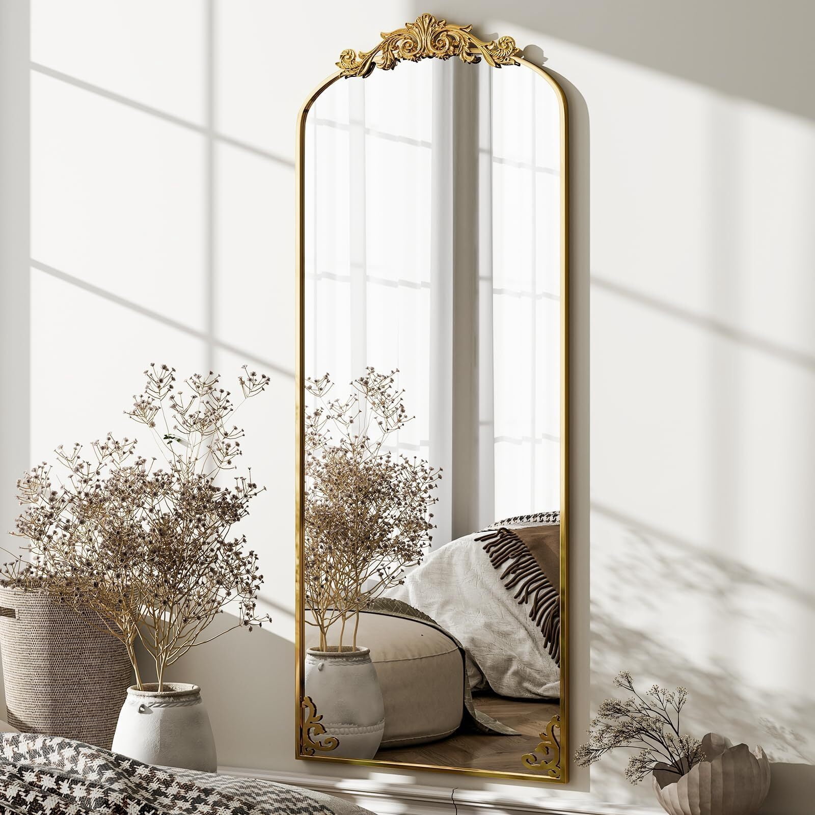 Anyrose 64.1"x21.3" Arched Full Length Mirror Baroque Vintage Floor Mirror with Carved Frame,Gold