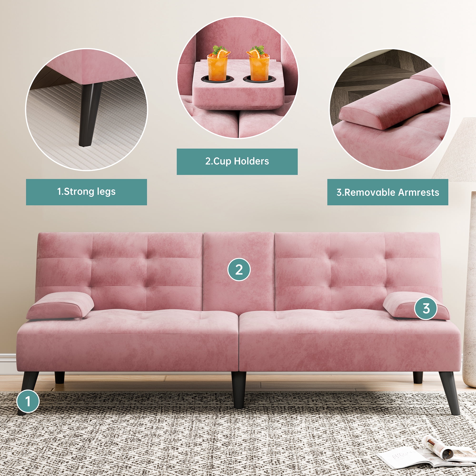 Walsunny 64" Sofa Bed Futon Couches, Folding Loveseat Recliner with 3-Angle Adjustment, Removable Arms 2 Cup Holders for Small Spaces,Pink