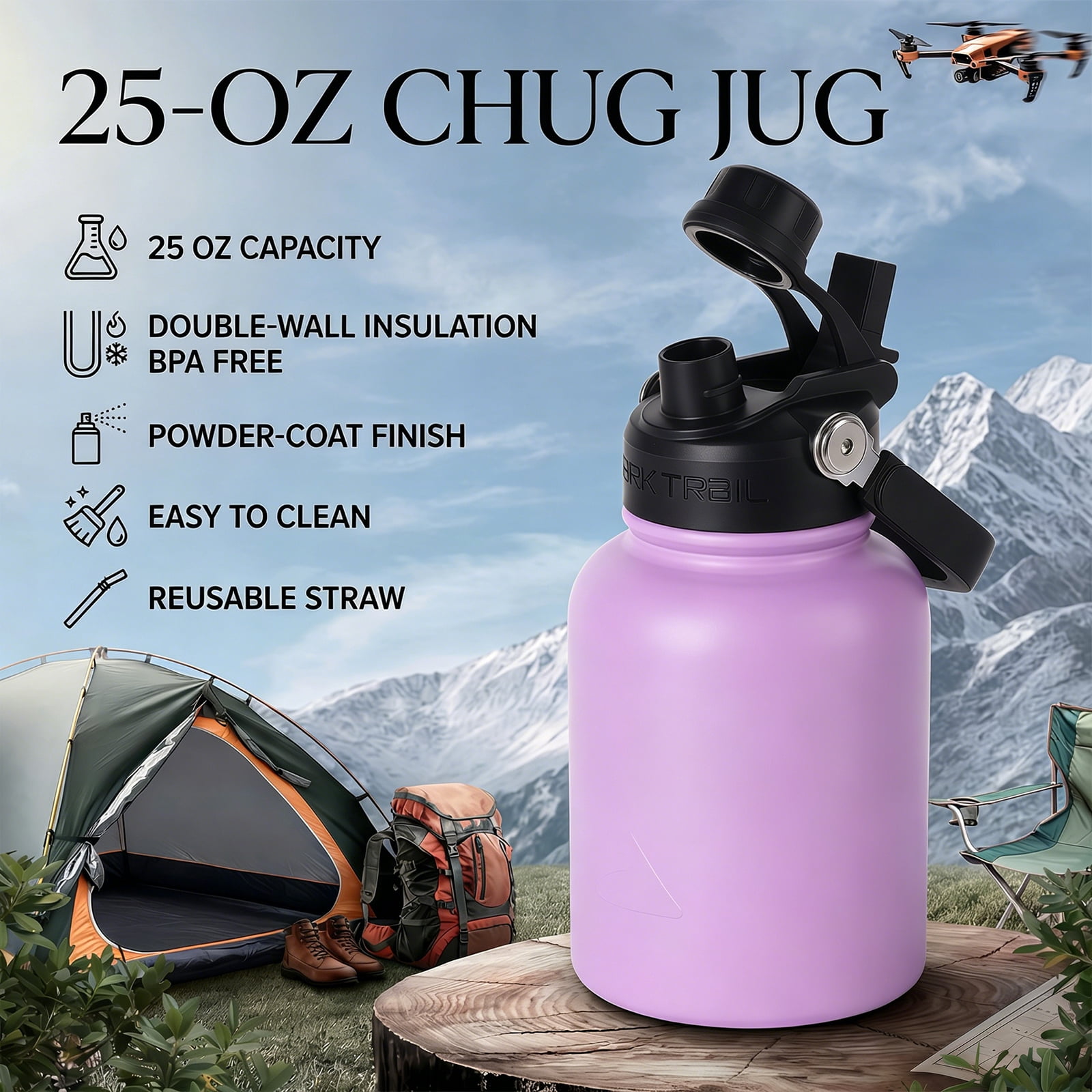 Ozark Trail 25 oz Stainless Steel Insulated Chug Bottle, New Lilac
