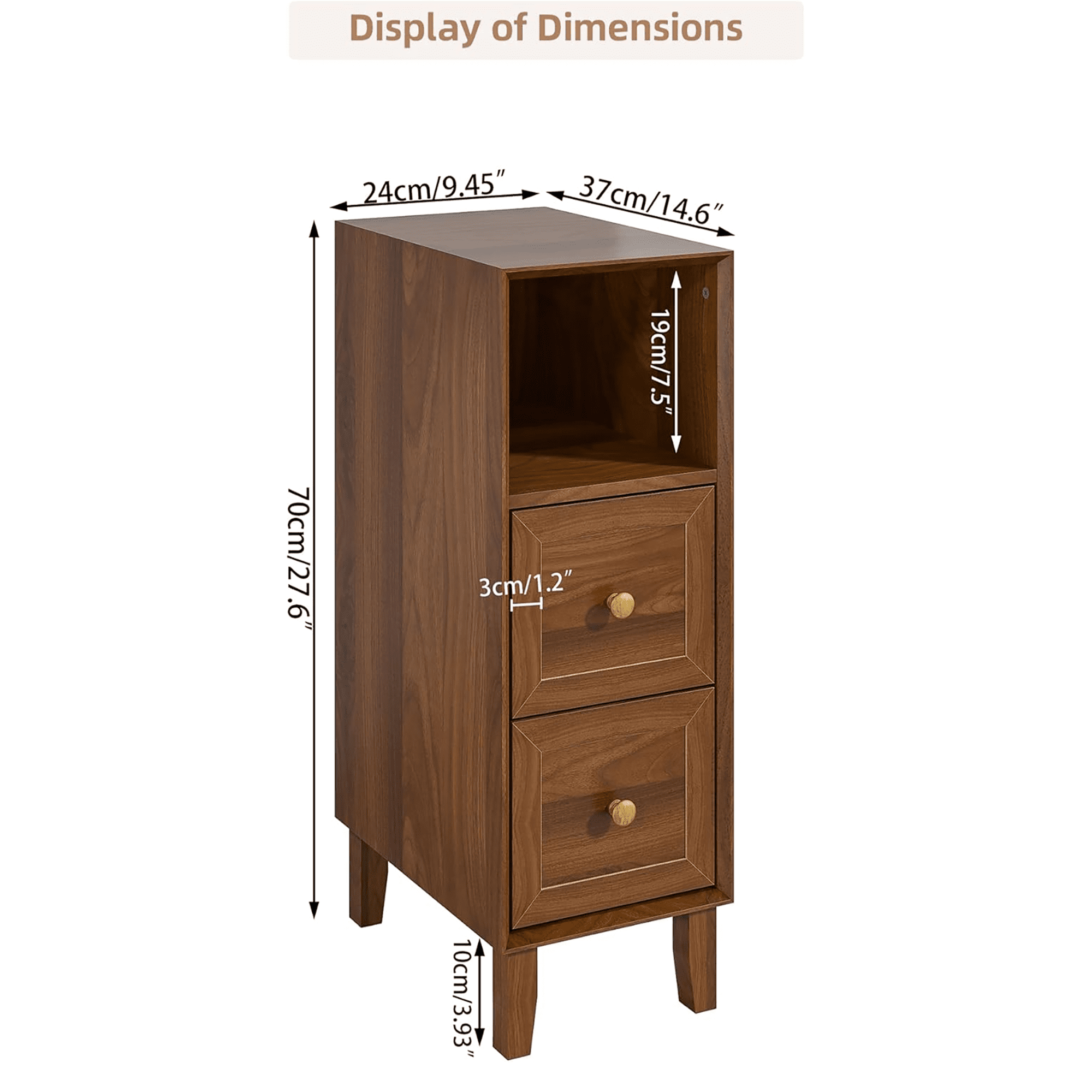 Narrow Nightstand Set of 2, Small 2 Drawer Nightstand, Skinny Vintage End Table, Mid Century Modern Night Stand for Living Room, Bedroom, Walnut