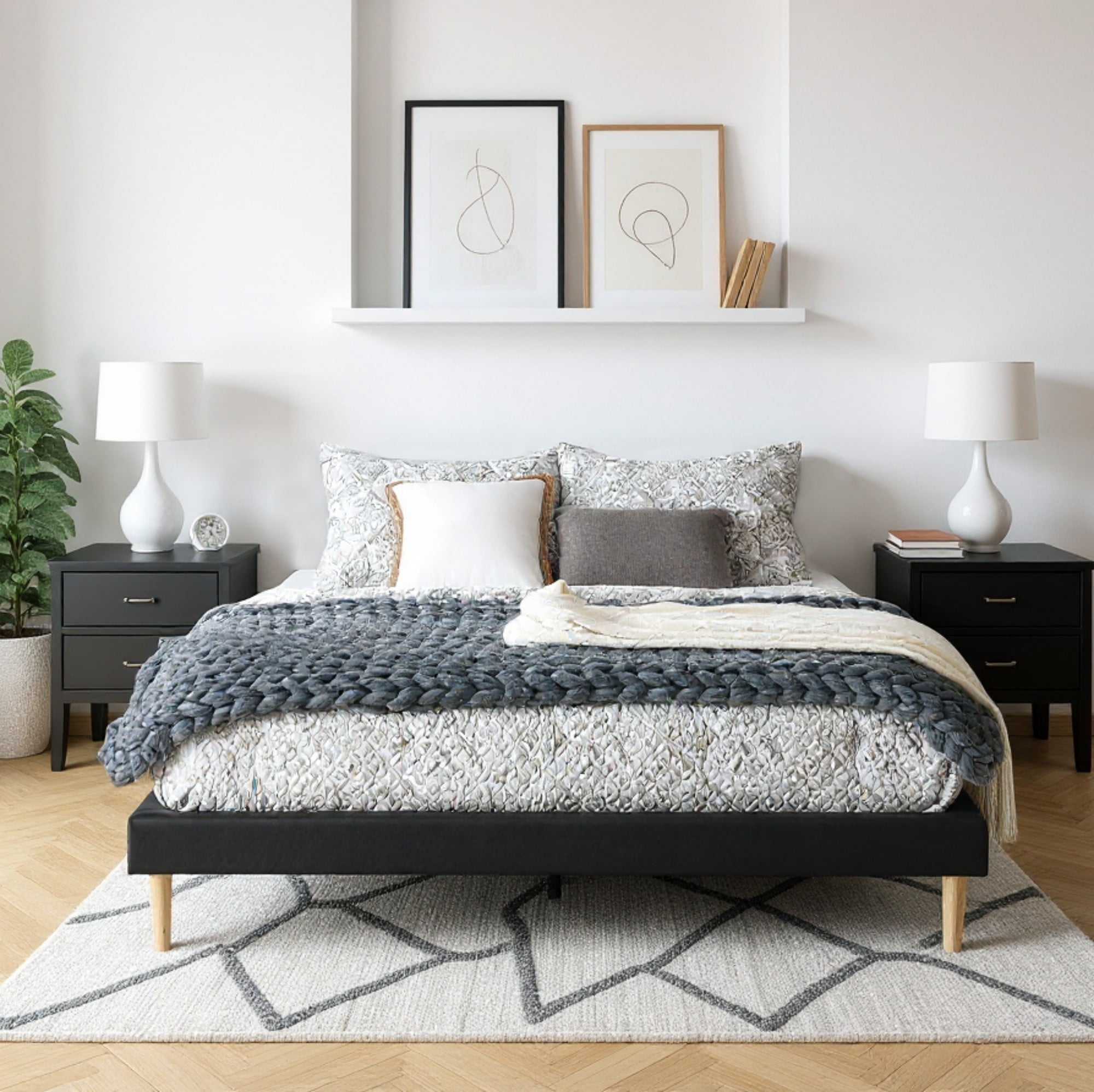 Gewnee King Size Platform Bed - Durable Wood Frame with Center Support Leg, Faux Leather Upholstery, Cozy Bedroom Bed Frame.No Box Spring Required (Black)