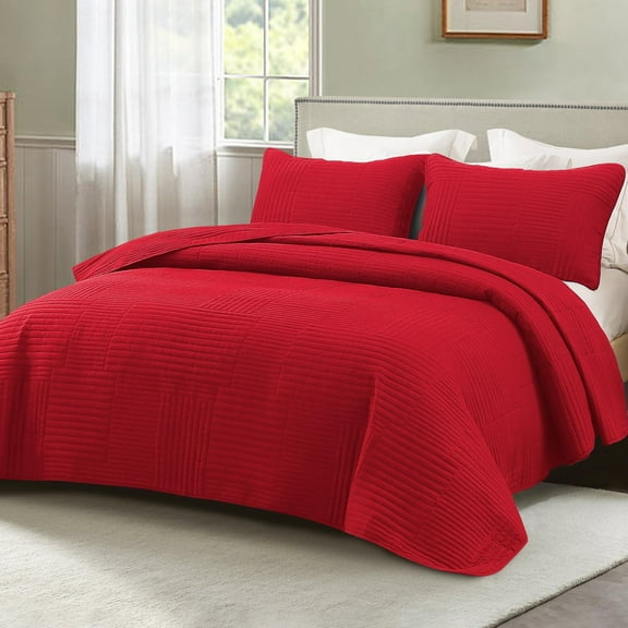 Queen Bedspread Set Ultra Soft, Microfiber Quilted Coverlet with Geometric Pattern, 3 Piece Lightweight Bedding for Year Round Use, Red