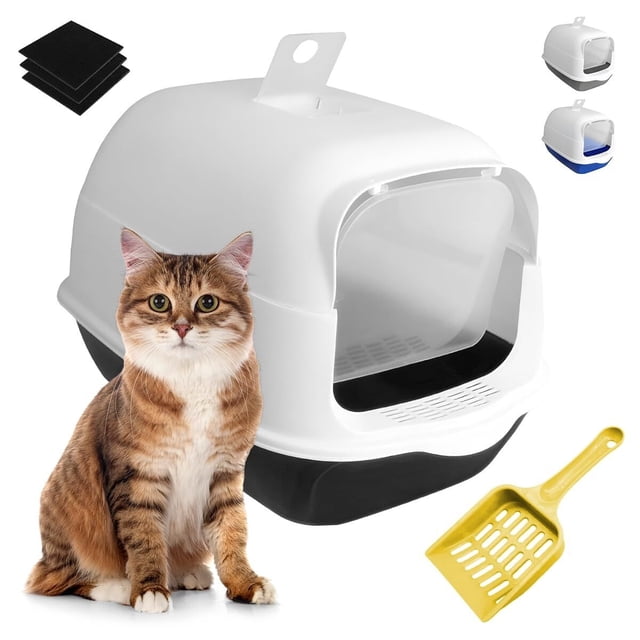 Arenero/Inodoro para Gato Cerrado de 50cm X 35cm X 33cm, Caja de Arena para Gatos con Tapa y Puerta Abatible, Antiolores, Facil de Limpiar, Incluye Pala (Negro)