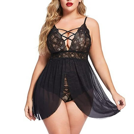

SELONE Black Lingerie Pajamas for Women Mesh Lace Gauze Cut Out Lingerie Cross Hollow Out Chemise Nightgown Temptation Underwear Nightdress Sleepwear for Valentines Anniversary Honeymoon Black XXL